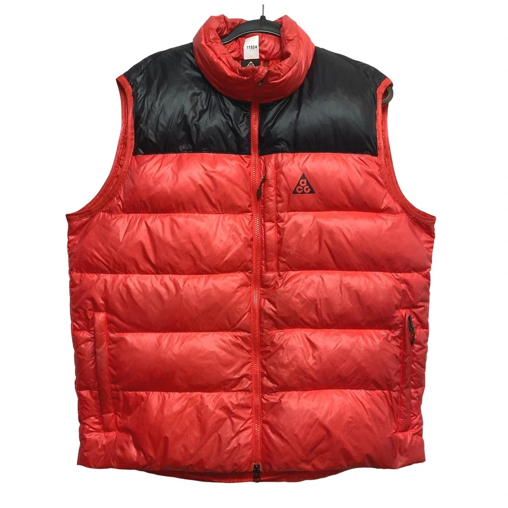 Nike ACG Puffer Vest Mens Large Red Black Goose Down Insulated 800 Fill Zip Up